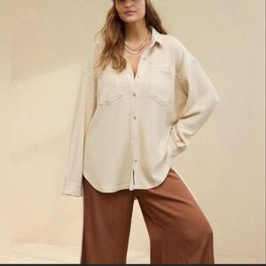 Aerie Anytime Fave Waffle Knit Oversized Casual Shacket Shirt Cake Batter Small